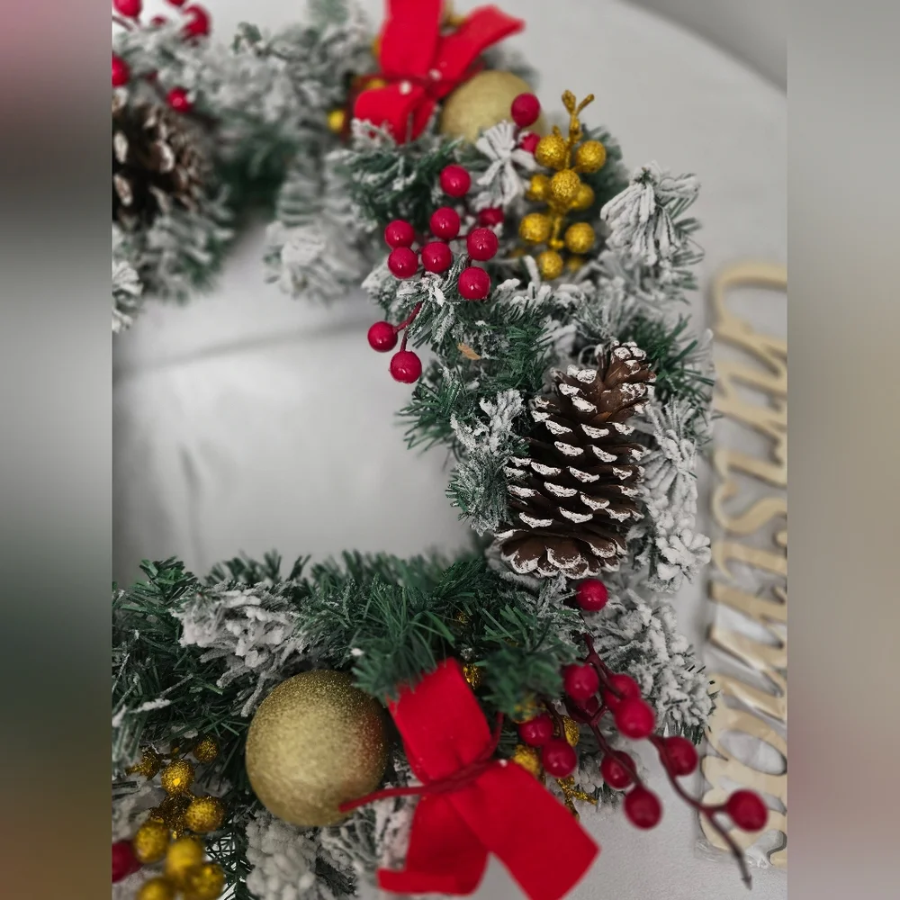 17x17 Christmas Holly Berry Wreath Flocked with Gold Merry Christmas Sign Hangin